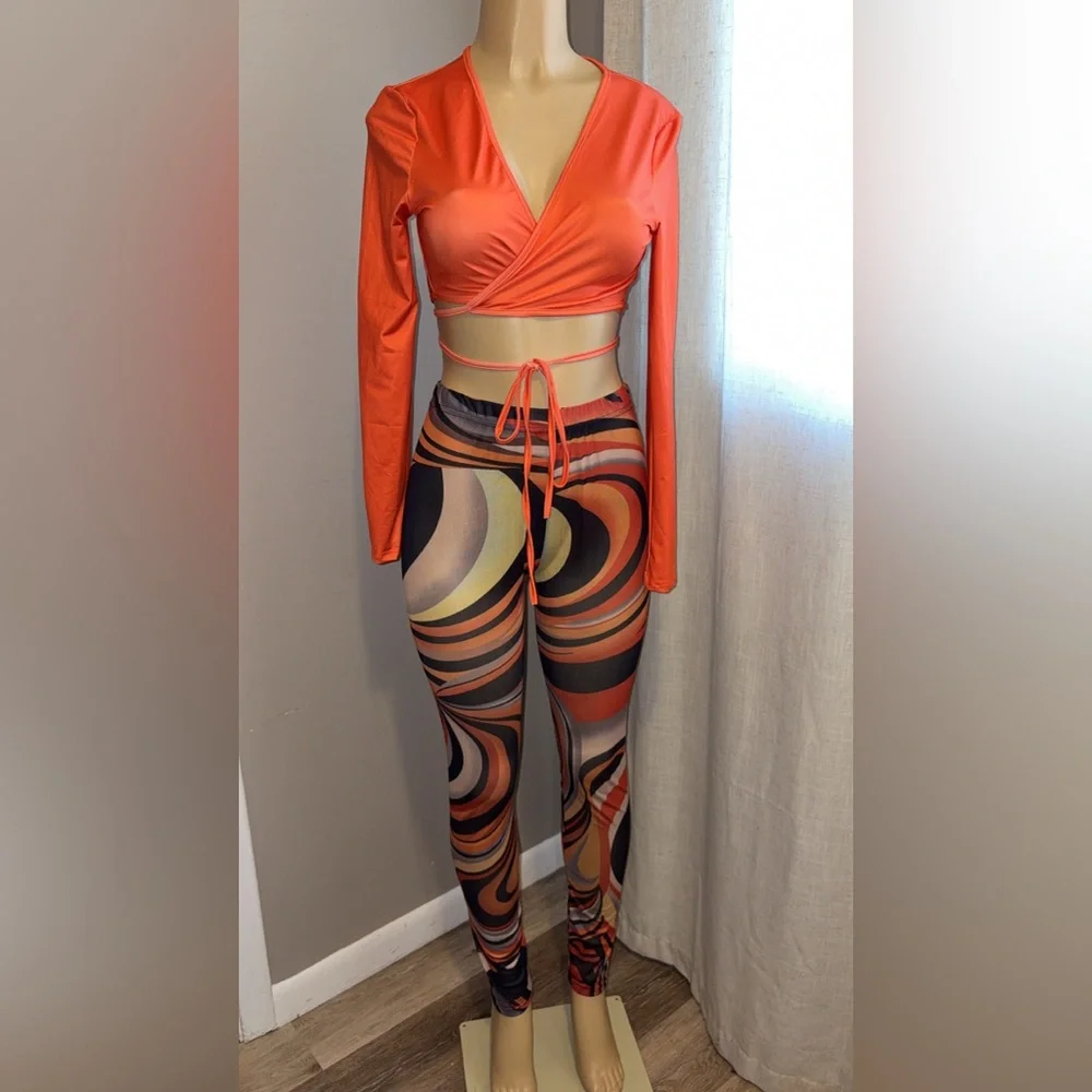 Orange Wrap Crop Top and Mesh Pants - Picture 3 of 7